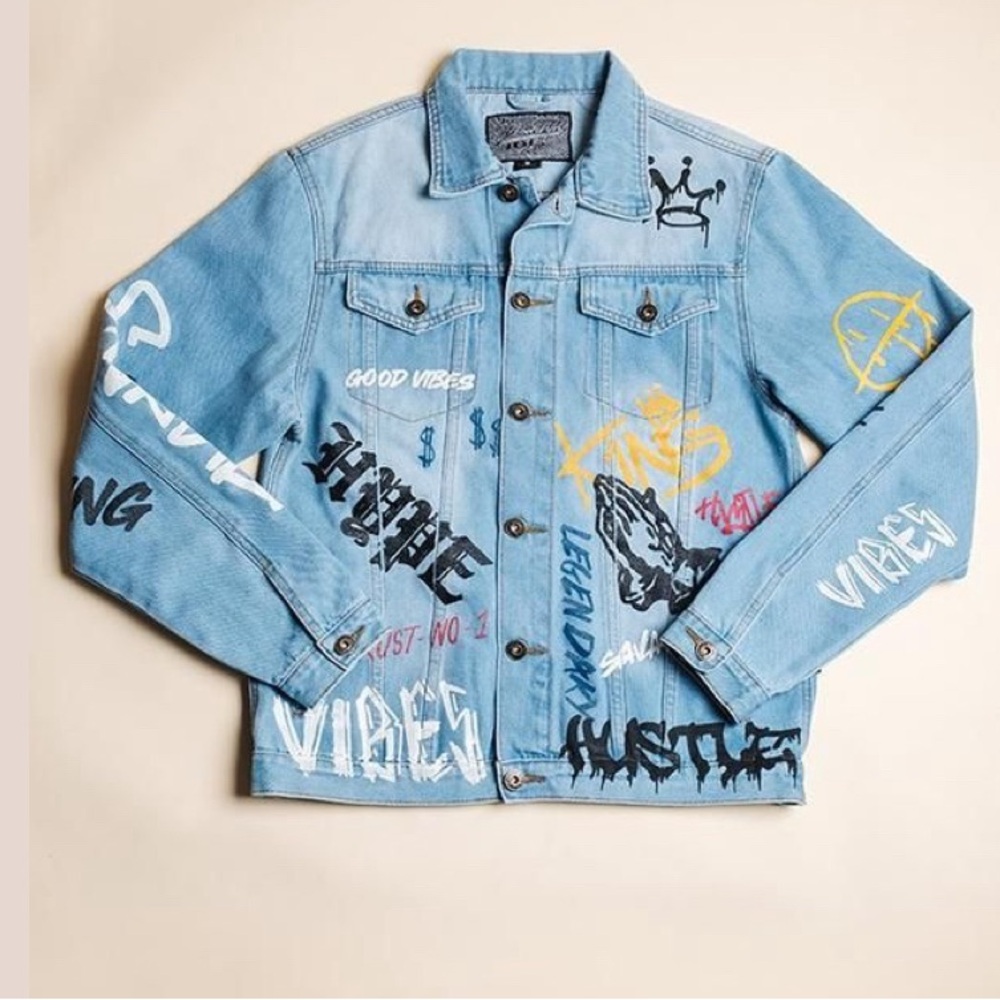 Blue Denim Jacket with Graphic Prints